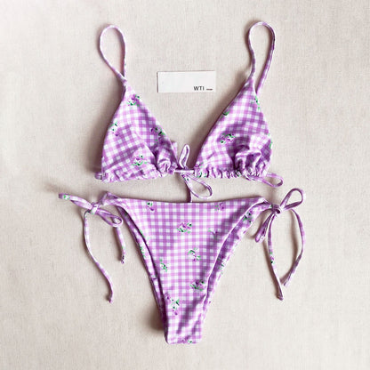 Floral Checked Triangle Bikini Swimsuit