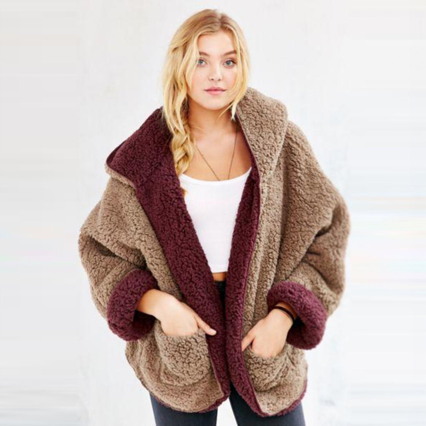 Reversible Faux fur Hoodie Coat Fuzzy Jacket - worthtryit.com