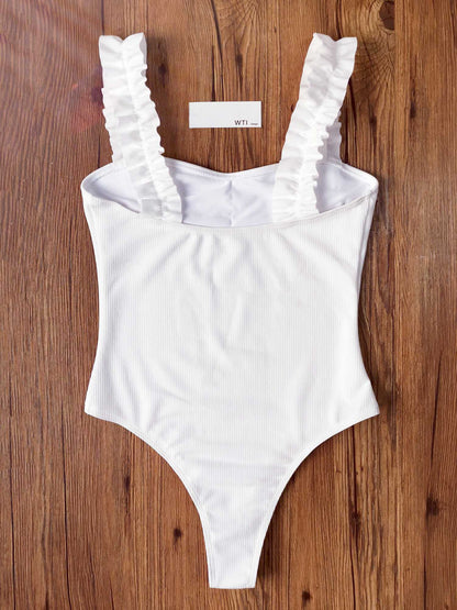 Rib Ruffle Shoulder One Piece Swimsuit - worthtryit.com