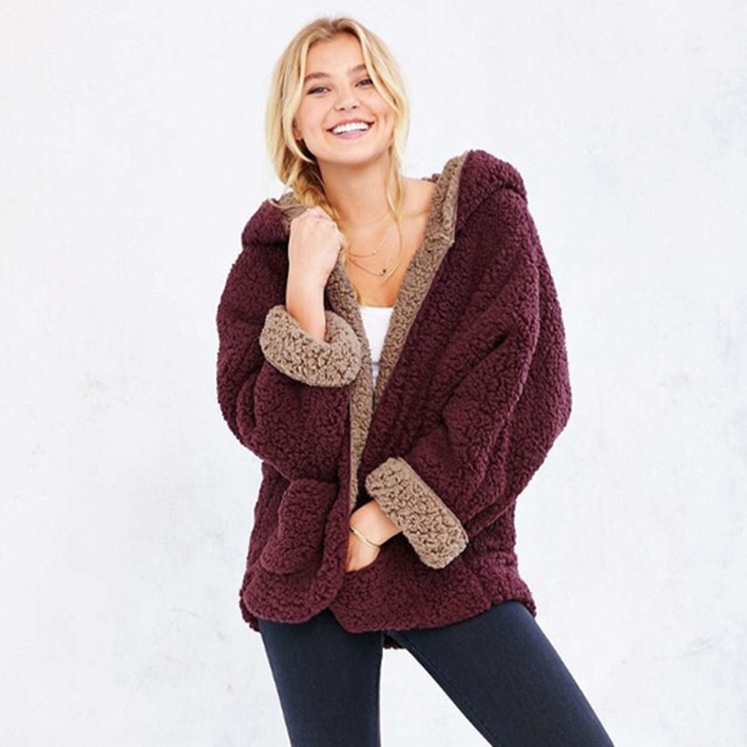 Reversible Faux fur Hoodie Coat Fuzzy Jacket - worthtryit.com