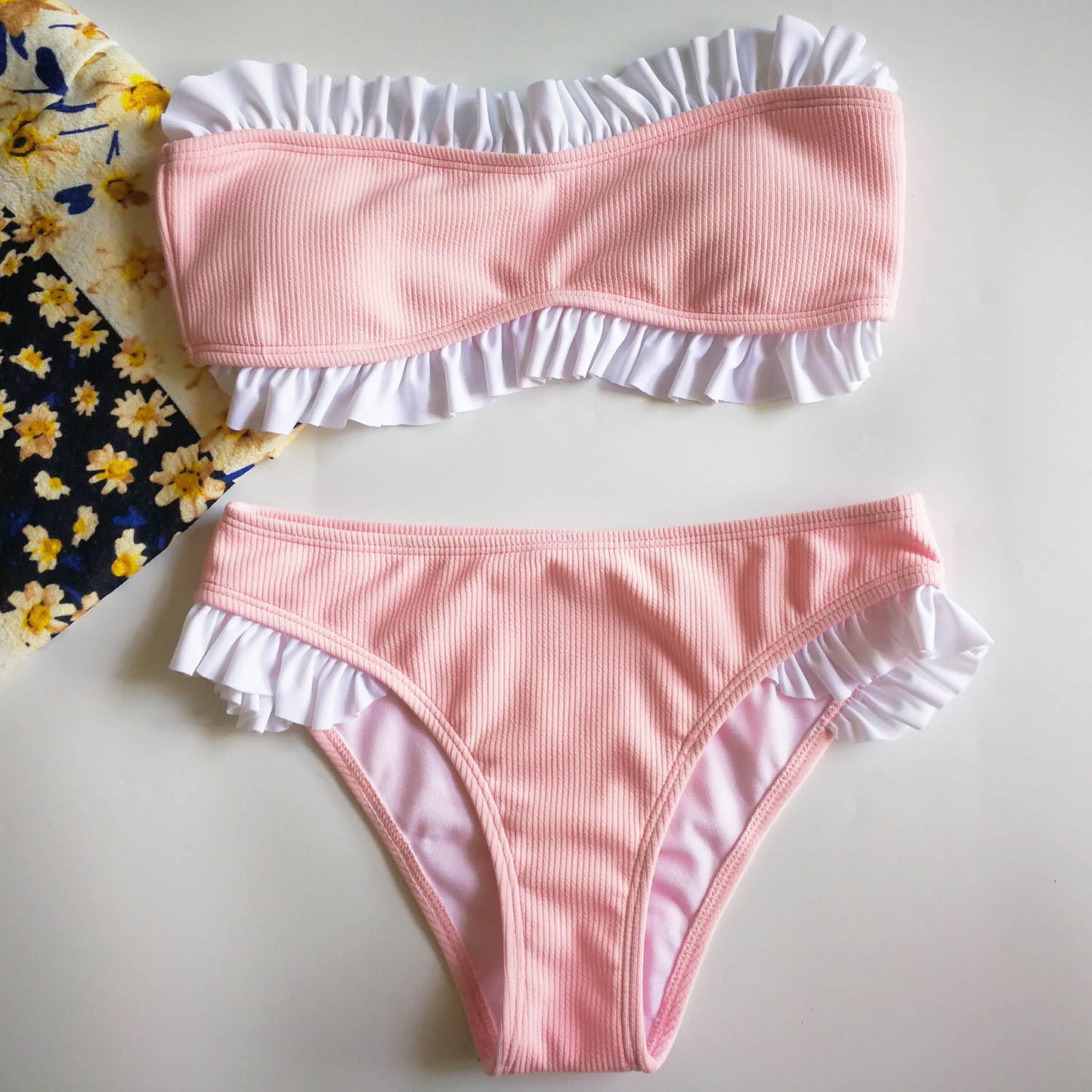 Ribbed Ruffle Trim Strapless Bandeaux Bikini Set - worthtryit.com