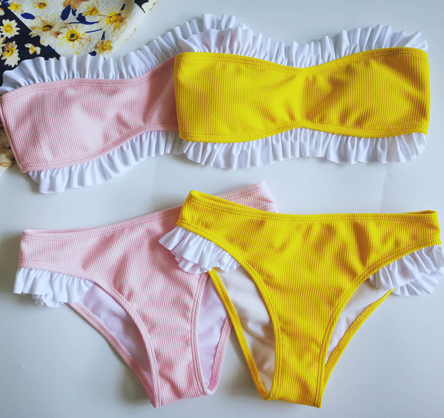 Ribbed Ruffle Trim Strapless Bandeaux Bikini Set - worthtryit.com