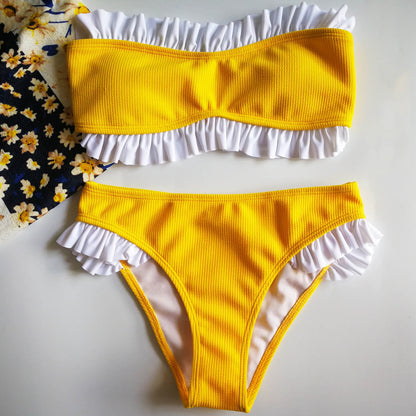 Ribbed Ruffle Trim Strapless Bandeaux Bikini Set - worthtryit.com