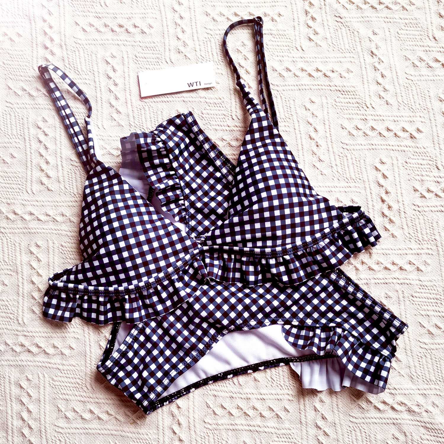 Gingham Ruffle Hems Triangle High Rise Bikini Set - worthtryit.com