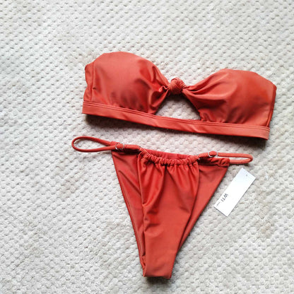 Front Knot Cut Out Front Bandeaux Bikini Set - worthtryit.com