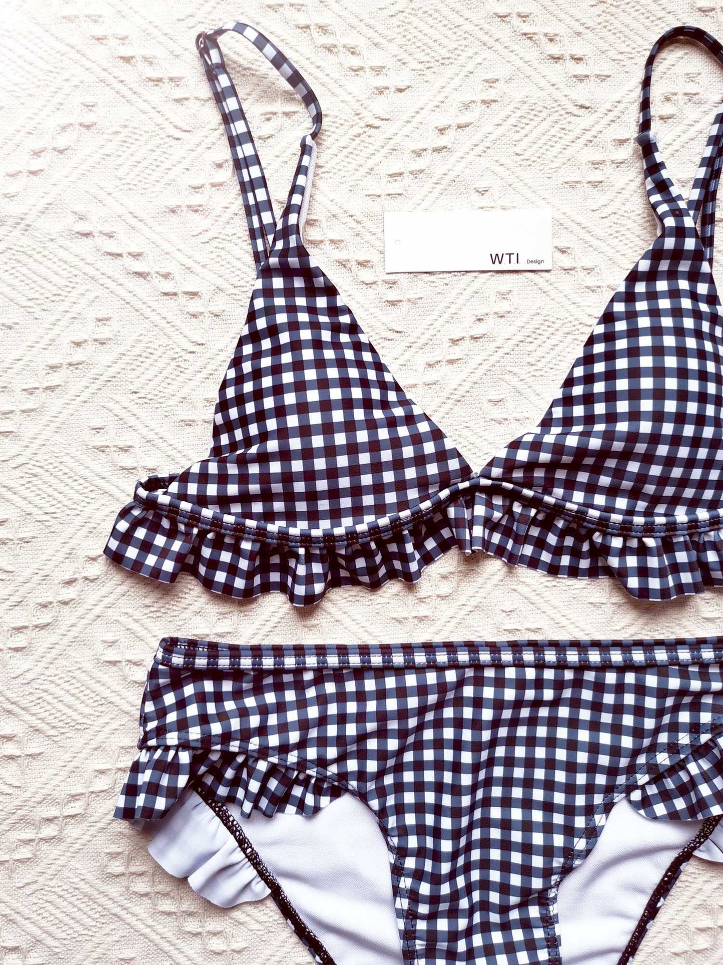 Gingham Ruffle Hems Triangle High Rise Bikini Set - worthtryit.com