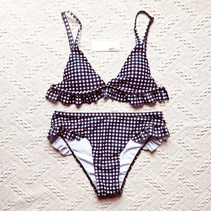 Gingham Ruffle Hems Triangle High Rise Bikini Set - worthtryit.com