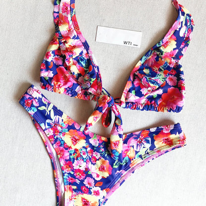 Floral Print Ruffle Straps Triangle Bikini Swimsuit