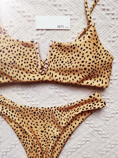 Ribbed Leopard Print V Neck Crop Top Bikini Set - worthtryit.com