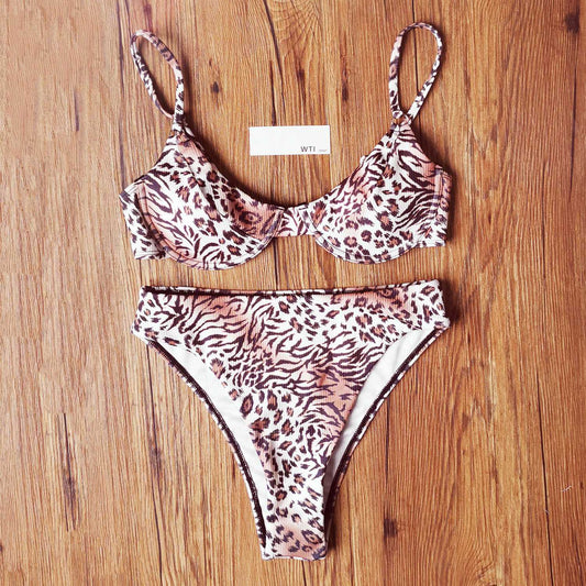 Tiger Animal Ribbed Underwire High Waist Bikini Swimsuit - worthtryit.com