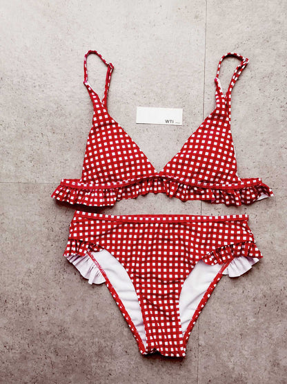 Gingham Ruffle Hems Triangle High Rise Bikini Set - worthtryit.com