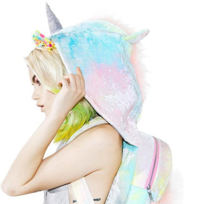 Unicorn Hoodie Kid Faux Fur School Backpack