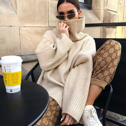 Oversized High Neck Knit Sweater- Beige