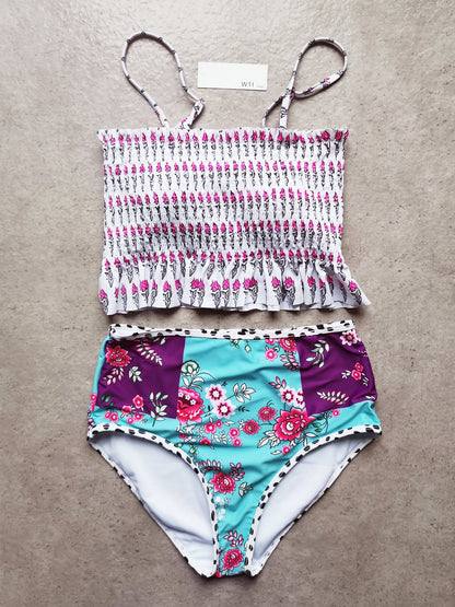 Floral Print Ruffle Hem Scrunched High Waisted Bandeaux Bikini Set - worthtryit.com