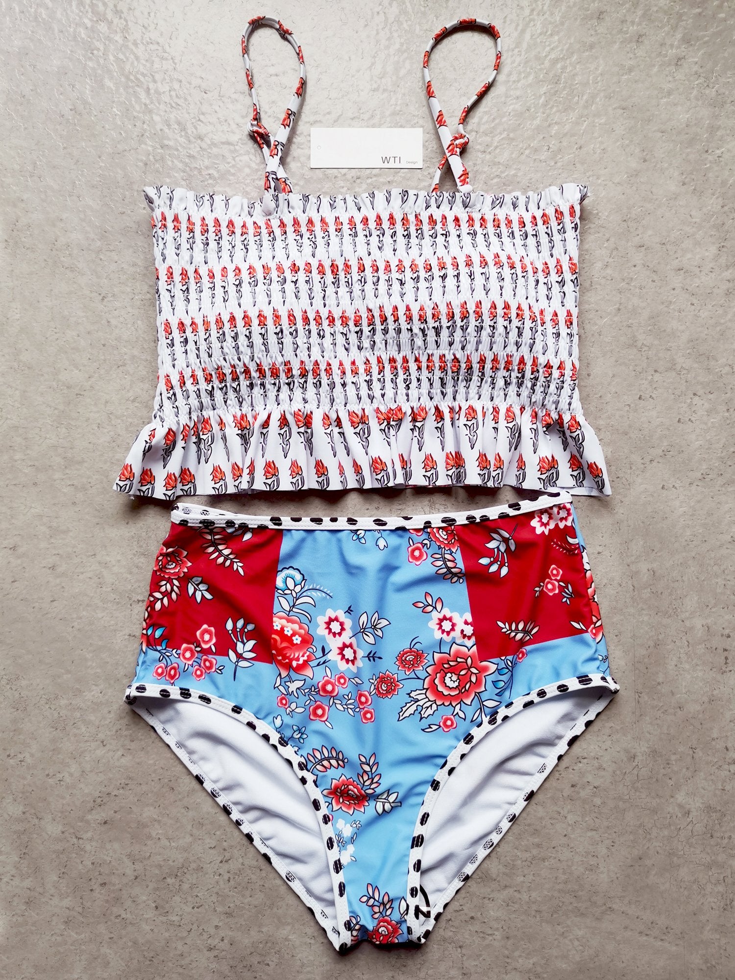 Floral Print Ruffle Hem Scrunched High Waisted Bandeaux Bikini Set - worthtryit.com