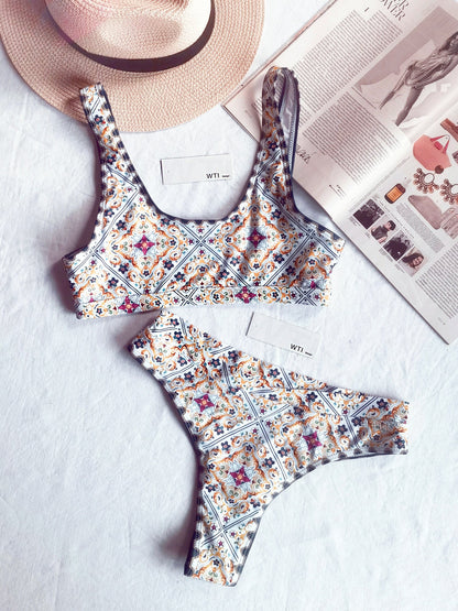 Vintage Print Crop Top Bikini Swimsuit