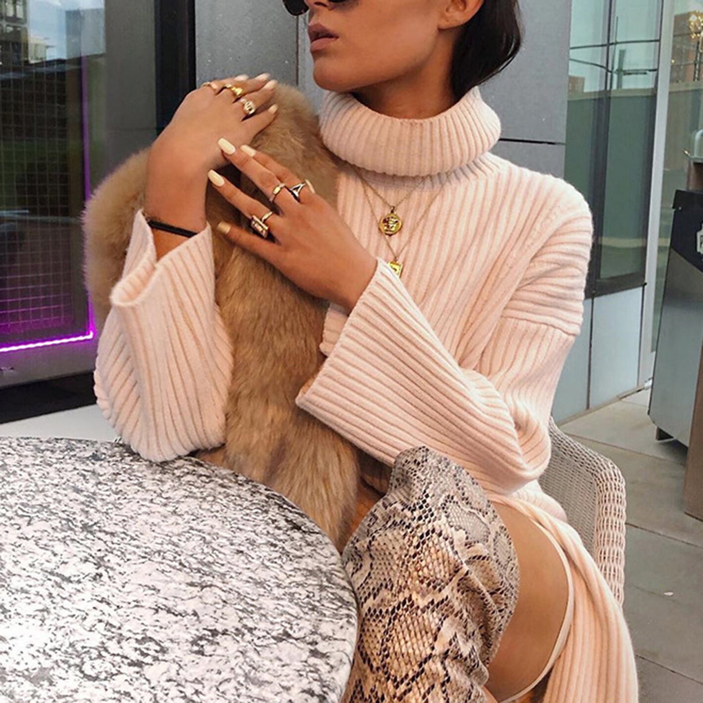 Oversized High Neck Knit Sweater- Beige