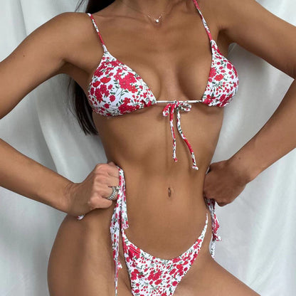 Floral Print Front Tie Triangle Bikini Swimsuit