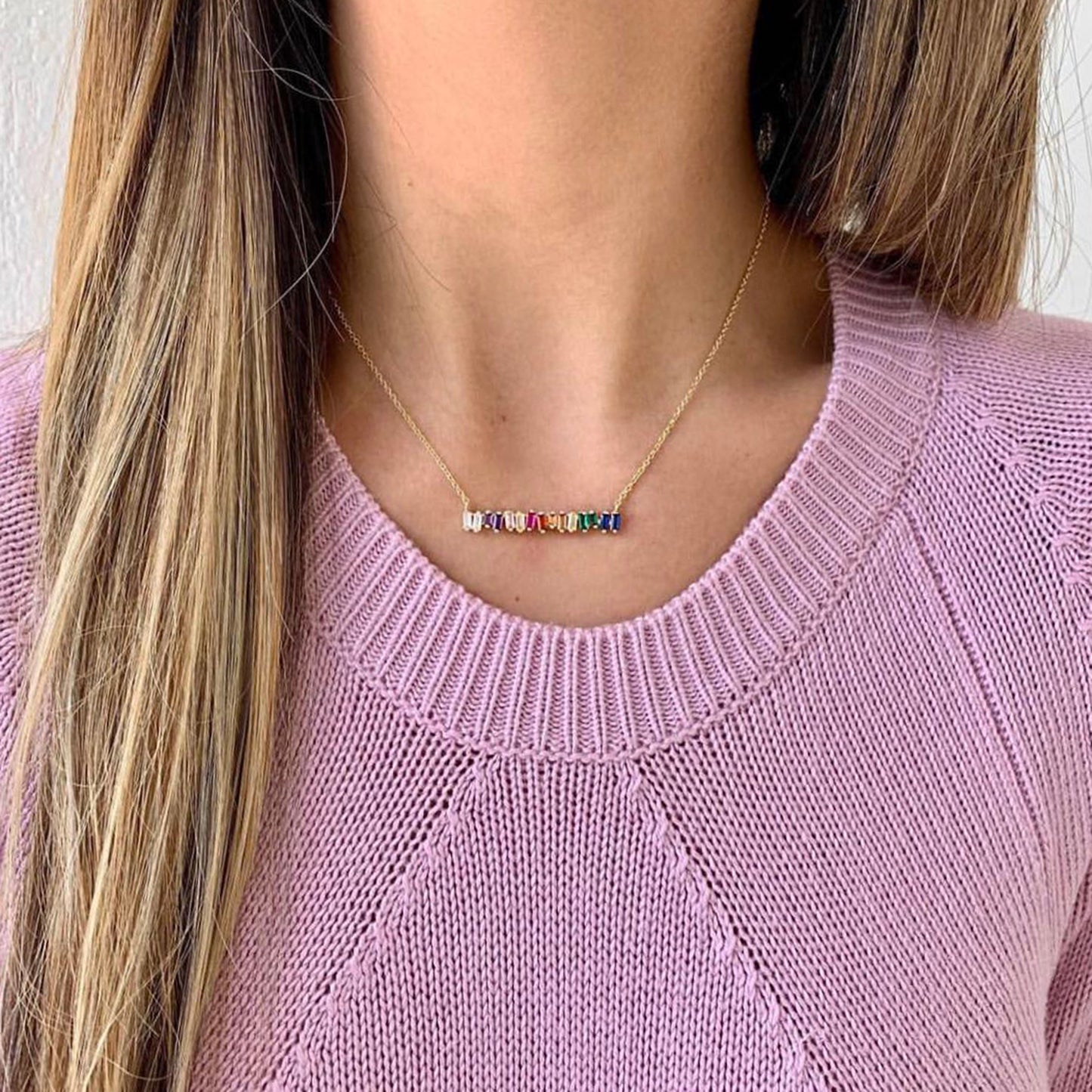 Rainbow Baguette Gold Bar Necklace