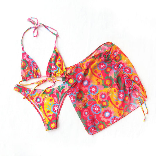 Abstract Floral Triangle Bikini With Mini Skirt