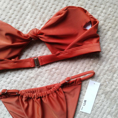 Front Knot Cut Out Front Bandeaux Bikini Set - worthtryit.com