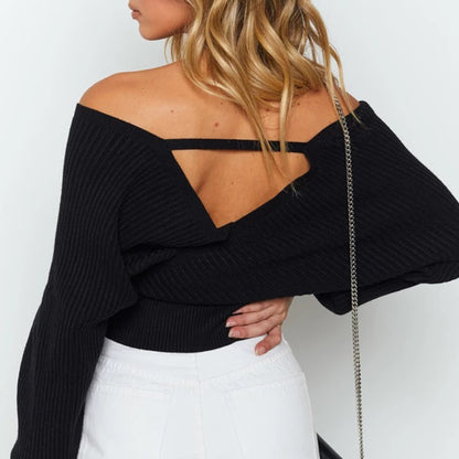 Rib Off Shoulder Lace Up Front Knit Sweater