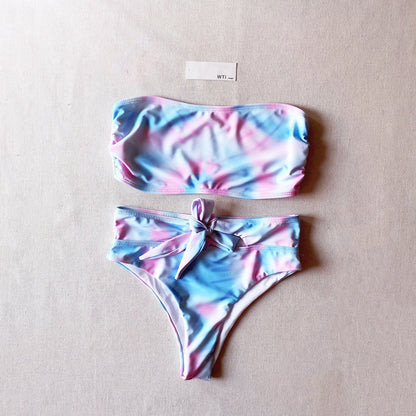 Tie Dye Bow Tie Waist Bandeaux Bikini Swimsuit