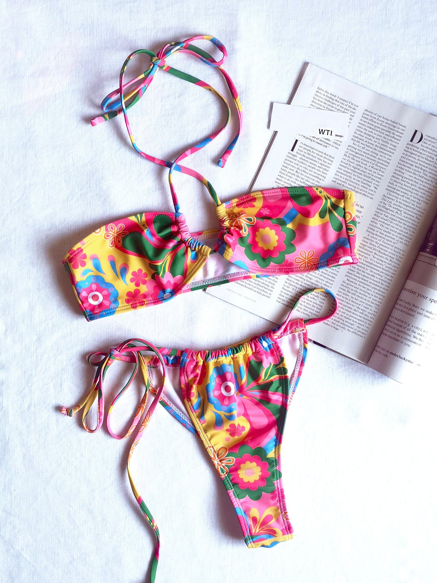 Abstract Floral Halter & Centre Tie Bikini Swimsuit