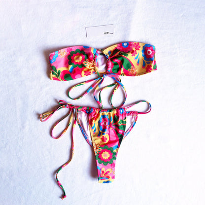 Abstract Floral Halter & Centre Tie Bikini Swimsuit