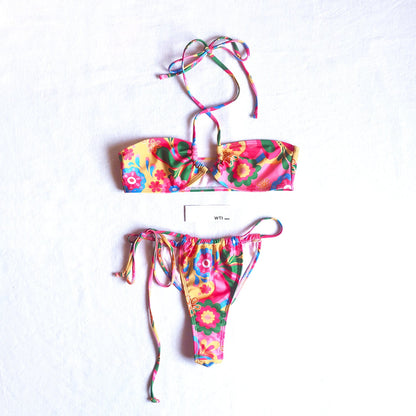 Abstract Floral Halter & Centre Tie Bikini Swimsuit