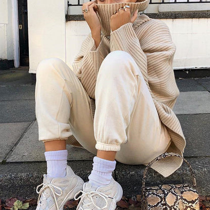 Oversized High Neck Knit Sweater- Beige