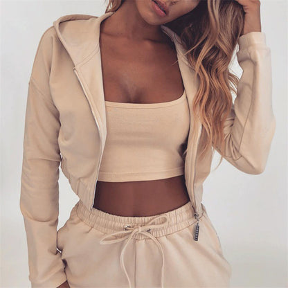 Hoodie Short Sweater & Sport Pants Two Piece Set - Beige