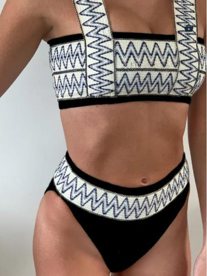 Woven Zig Zag High Waist Crop Bikini Swimsuit