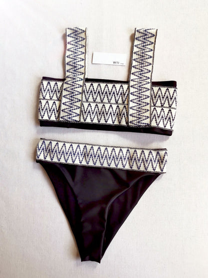 Woven Zig Zag High Waist Crop Bikini Swimsuit