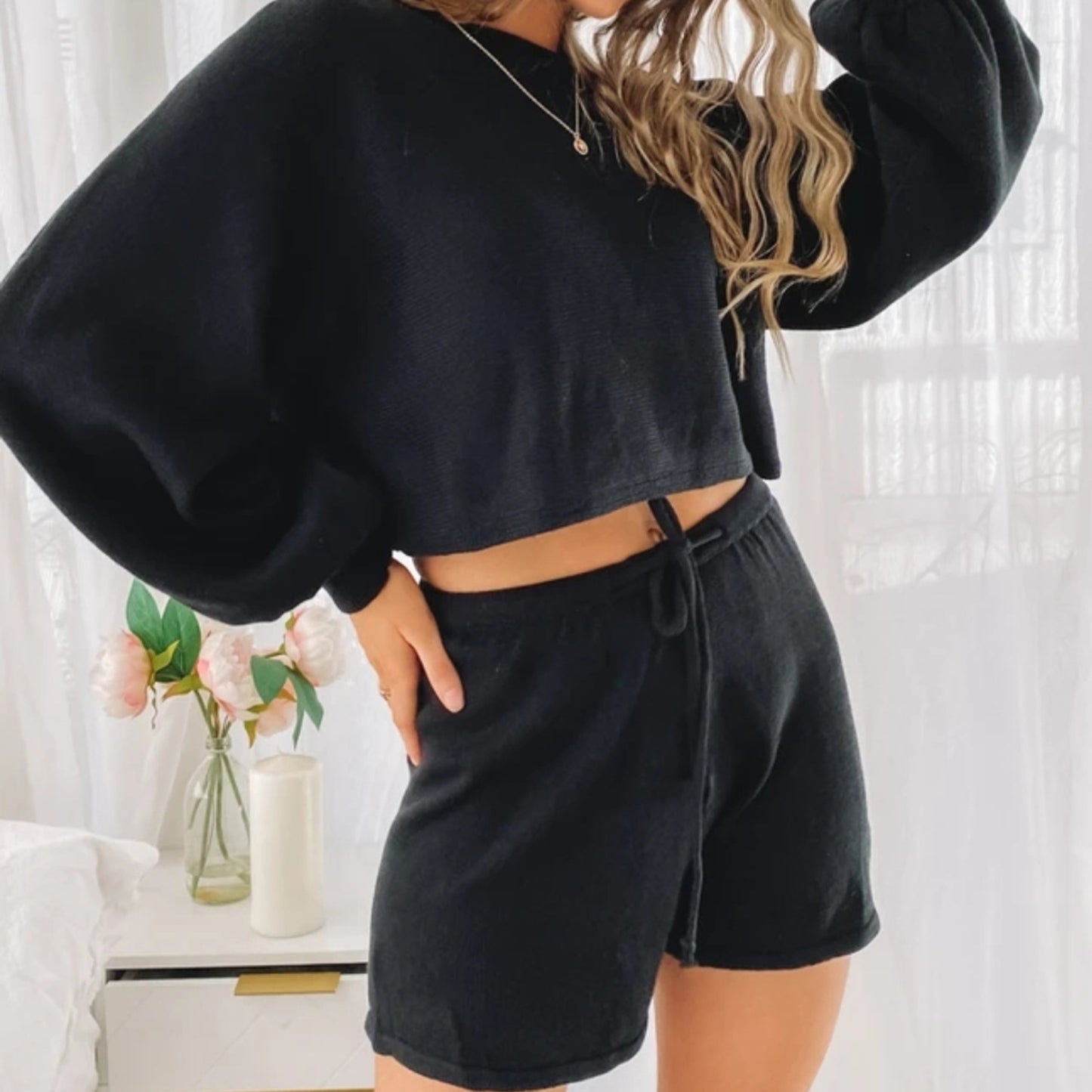 Round Neck Knit Sweater & Shorts Two Piece Set LB201