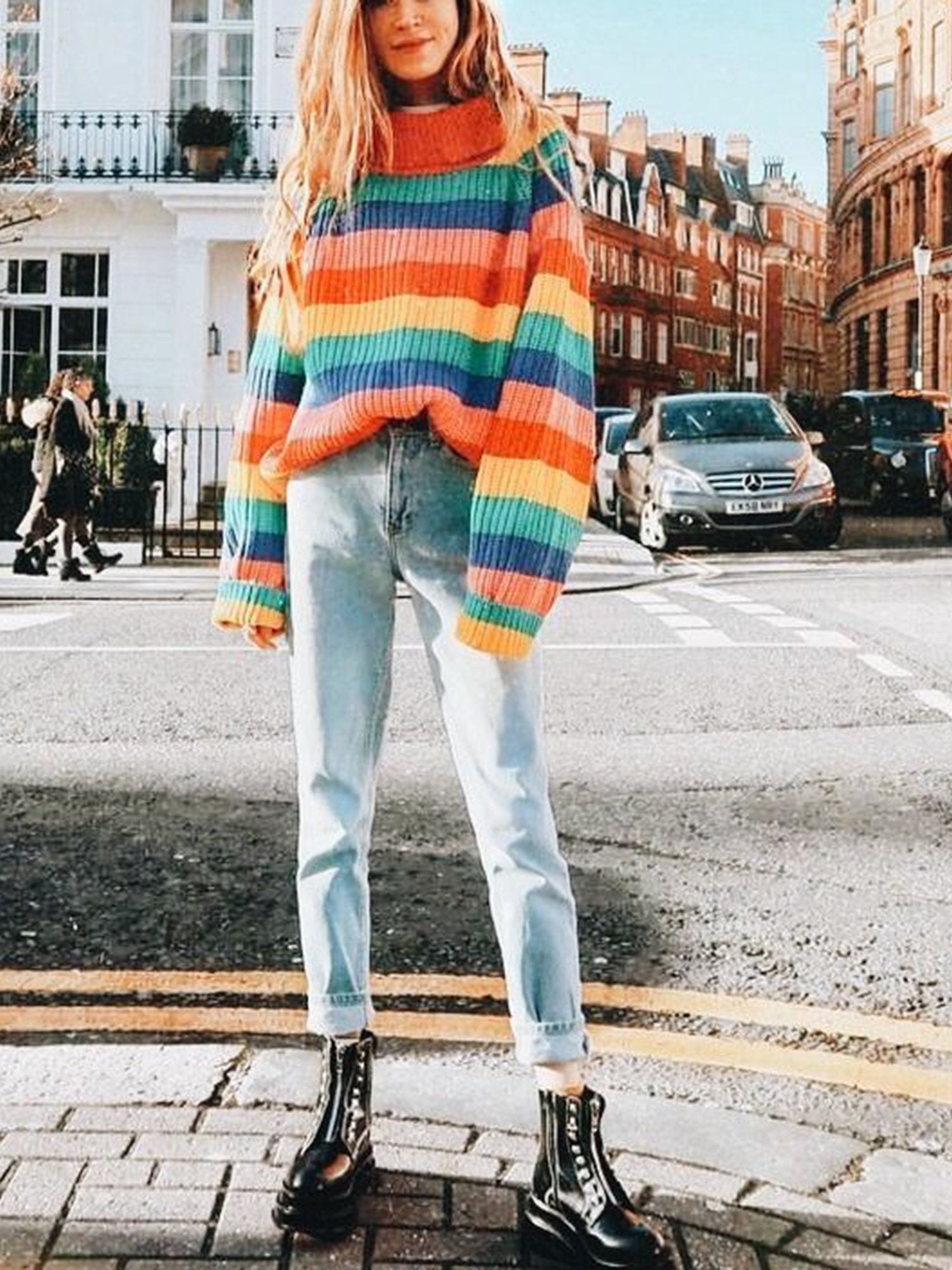 Oversize Rainbow Puff Shoulder Pullover Sweater - worthtryit.com