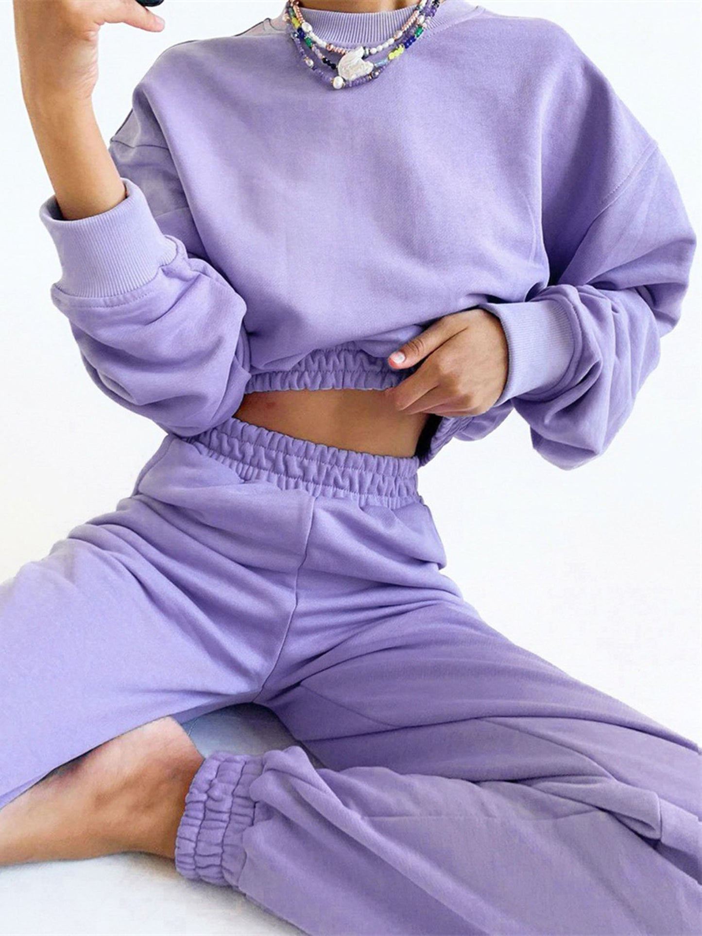 Round Neck Crop Short Sweatshirt Suit-Lavender