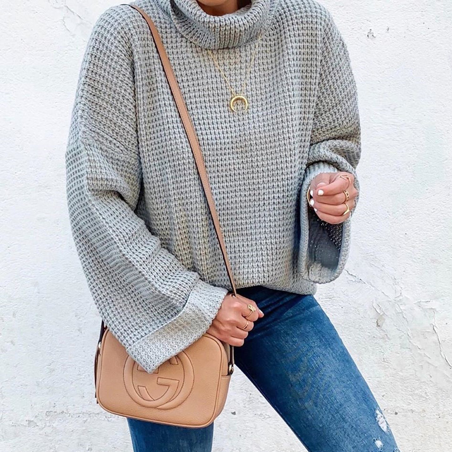 Cute High Neck Bell Sleeves Knit Sweater