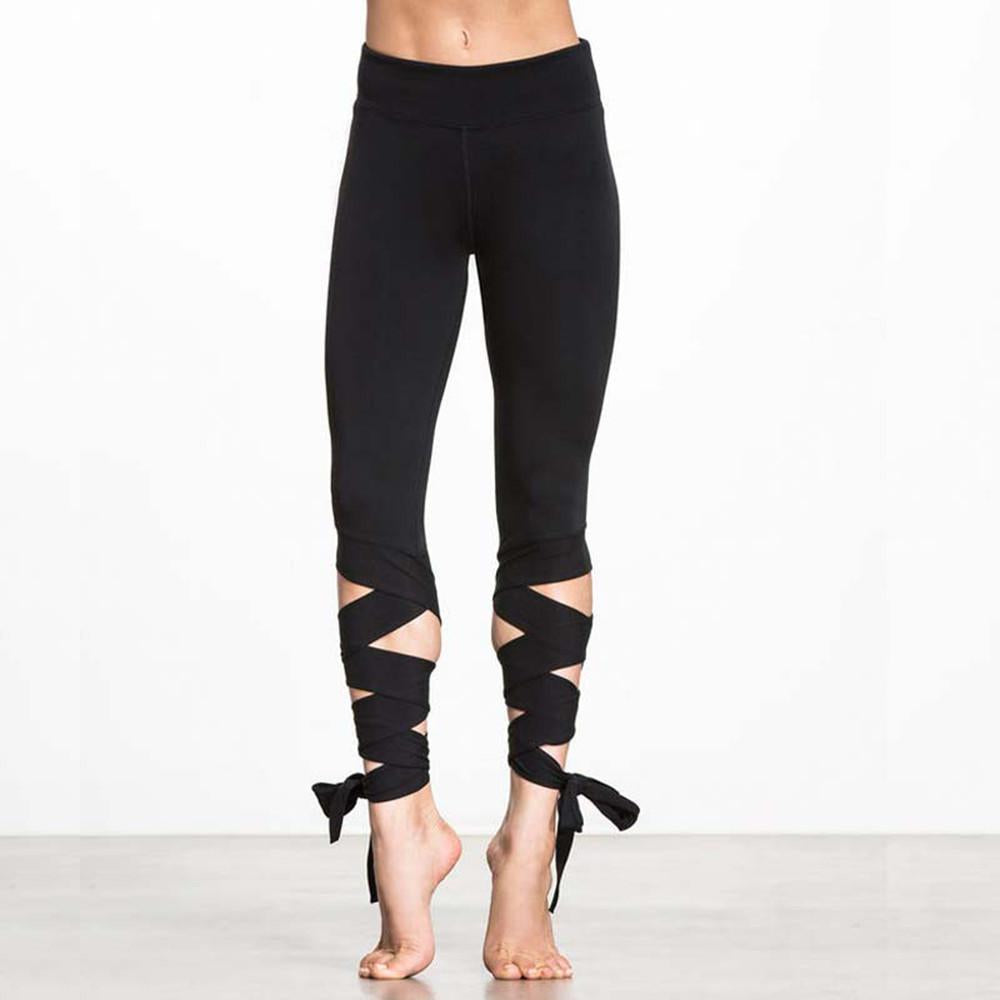 Lace Up Yoga Pants Bandage Tie Dance Leggings Fitness Pants-Black - worthtryit.com