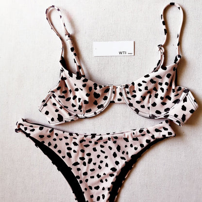 Leopard Ribbed Underwire Bikini Swimsuit