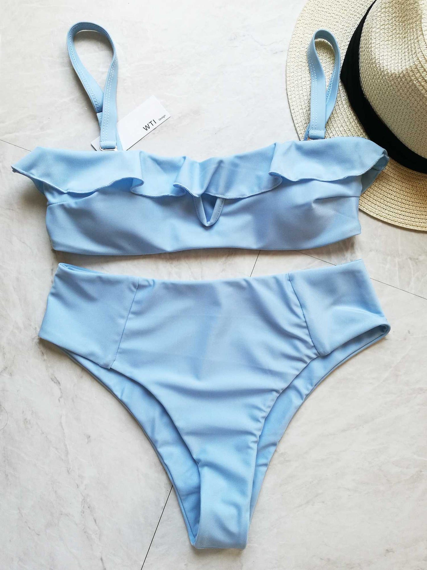 Ruffle Hem High Waist High Cut Bandeaux Bikini Set - worthtryit.com