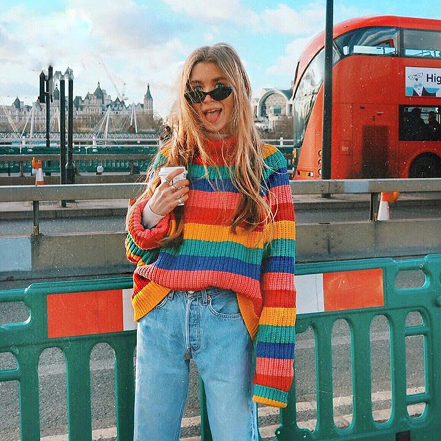 Oversize Rainbow Puff Shoulder Pullover Sweater - worthtryit.com